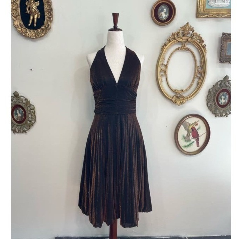 Vintage Caché Bronze Metallic Pleated Halter Dress Size Medium
